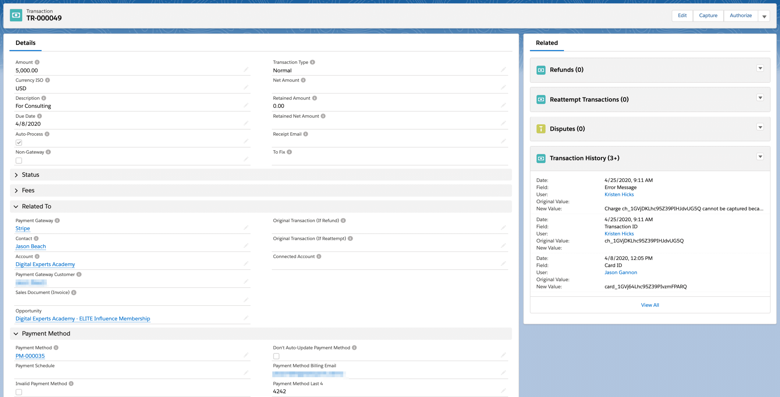 Salesforce payment processing with Blackthorn and Stripe