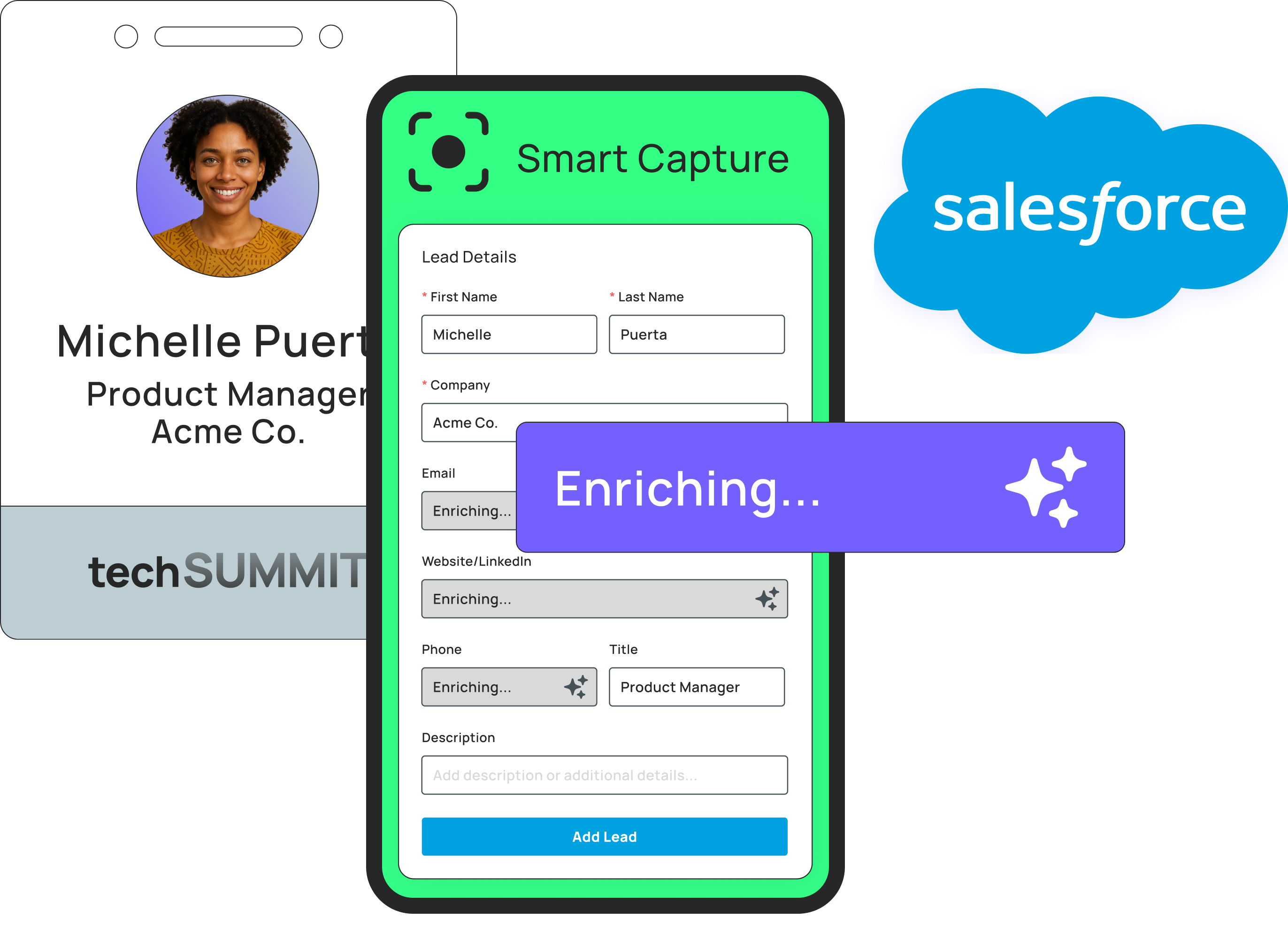 Salesforce lead capture app by Blackthorn Smart Capture showing badge scanning on mobile.