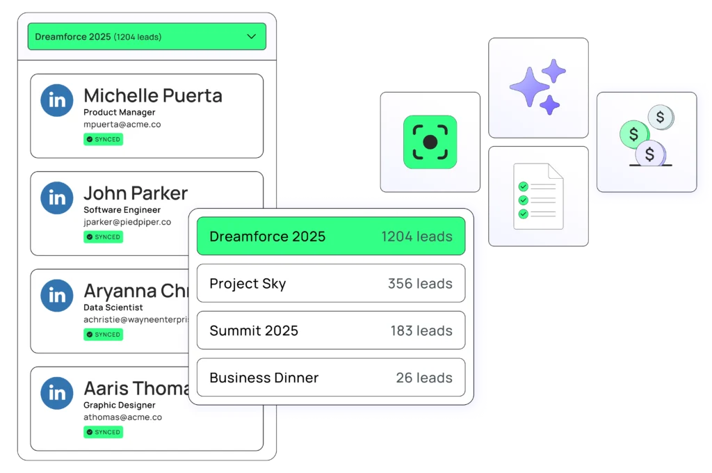 Checklist highlighting key benefits of the Salesforce lead capture app, including instant Salesforce sync. This is an event planning tool meant for Salesforce.