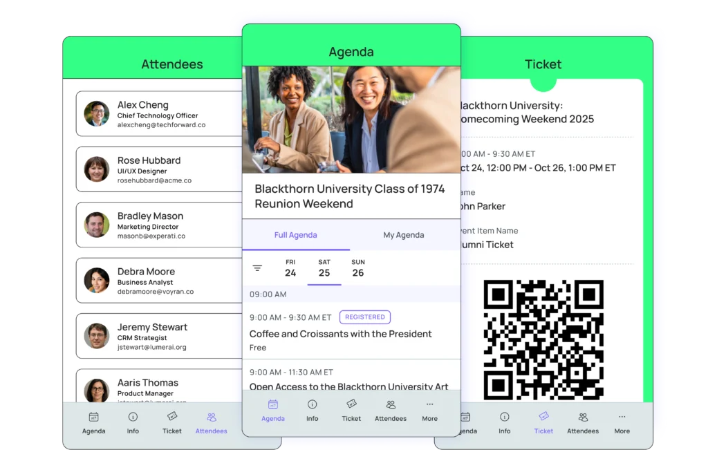 Blackthorn Event Navigator Salesforce mobile app displaying attendee profiles, event agenda, and QR code ticket for easy check-in.