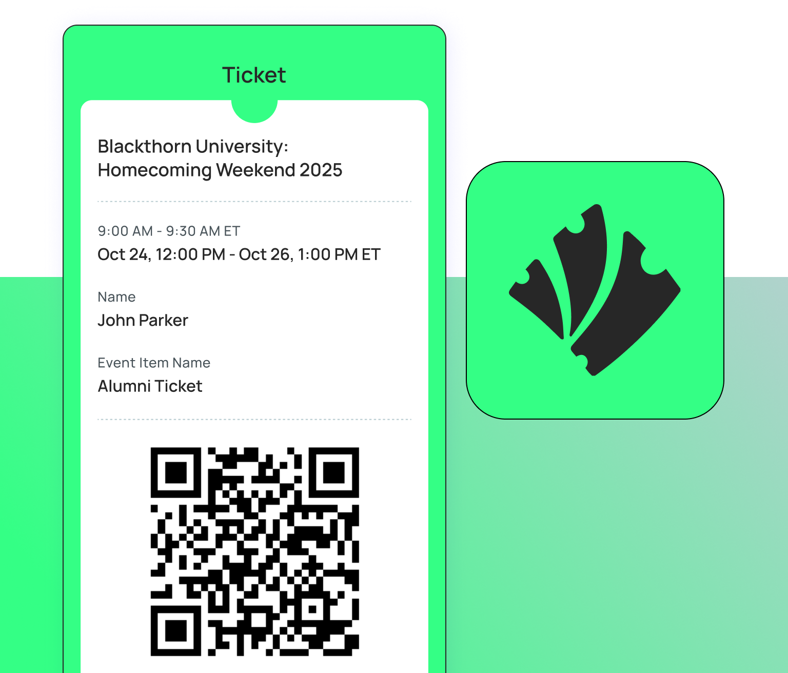 QR code event ticket in the Blackthorn Salesforce mobile app for contactless attendee check-in.