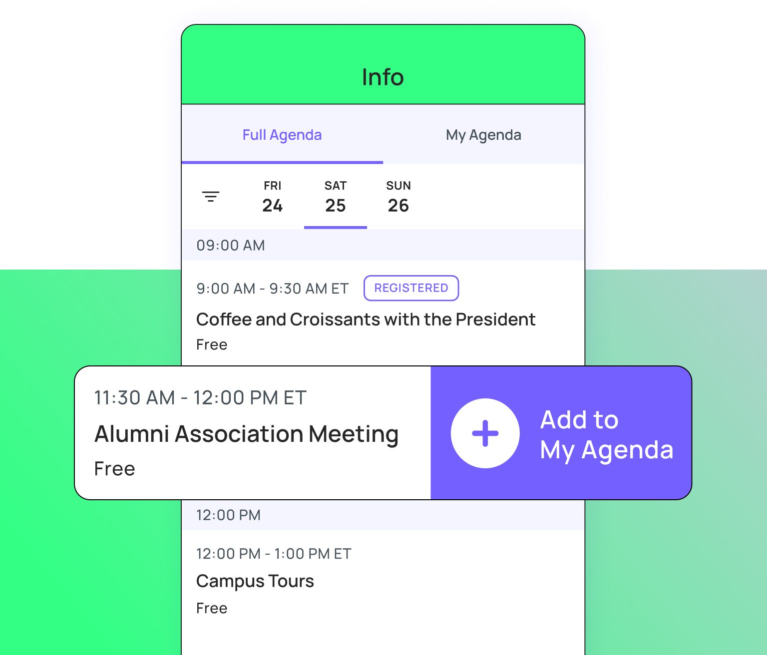 Interactive event agenda displayed in the Blackthorn Event Navigator Salesforce mobile app.