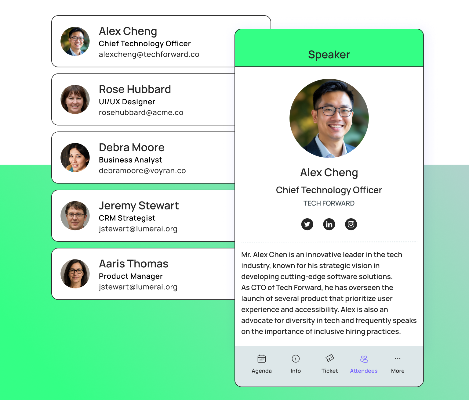 Attendee directory and connection options shown in the Blackthorn Event Navigator Salesforce-native event app.